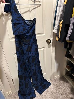 kate spade Blue and Black Floral One-Shoulder Jumpsuit